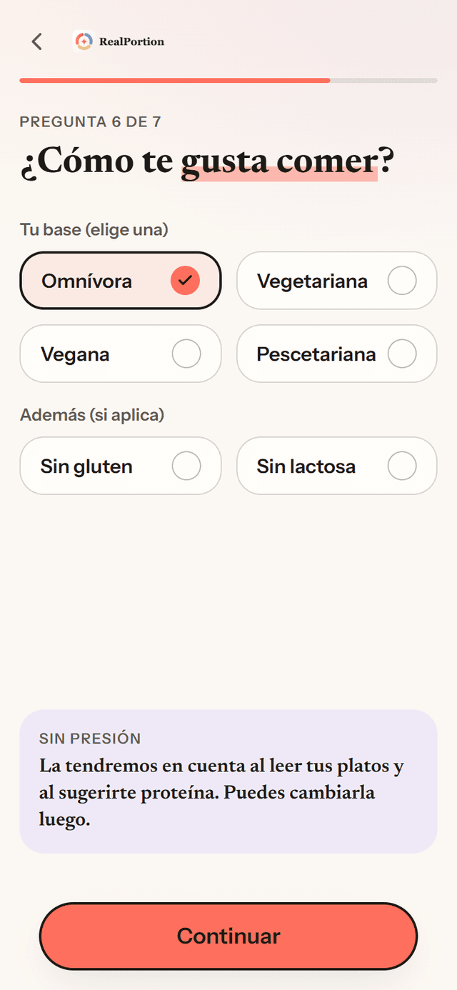 Pantalla real del recorrido de inicio: pregunta sobre cómo te gusta comer, con tu base y opciones como sin gluten o sin lactosa.