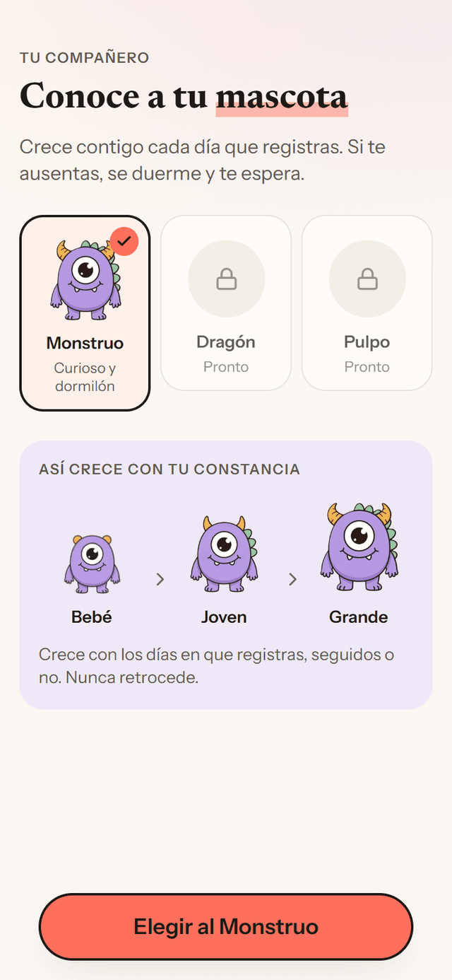 Pantalla real de la app: elige a tu mascota de la biblioteca y mira cómo crece de bebé a grande con tu constancia.