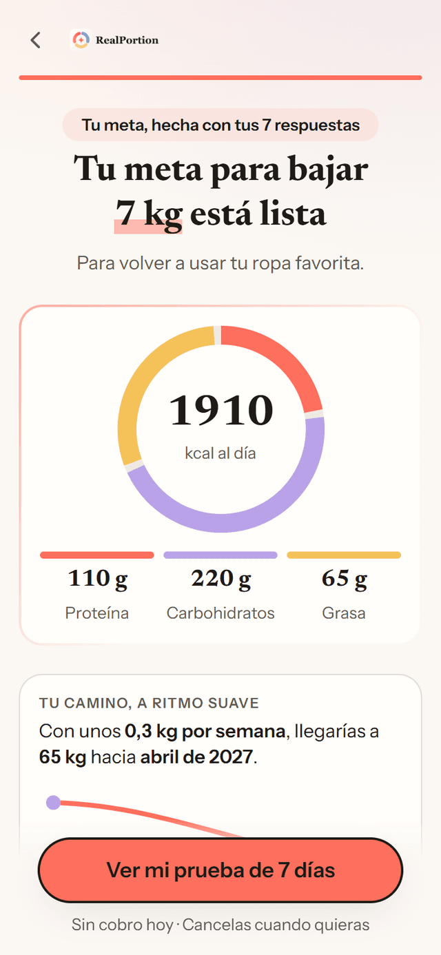 Pantalla real del recorrido de inicio: tu meta diaria de calorías y macros, con el camino estimado hacia tu peso meta.