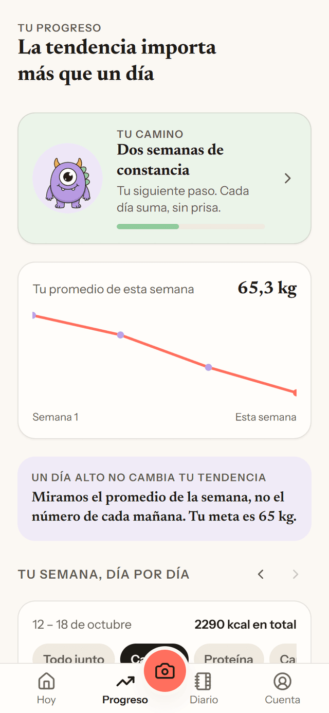 Pantalla real de la app: tendencia semanal de tu peso y tu semana día por día.